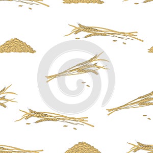 Vector seamless pattern of ears of wheat and grains on a white background.