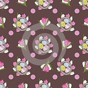 Vector seamless pattern with easter basket with eggs and flowers