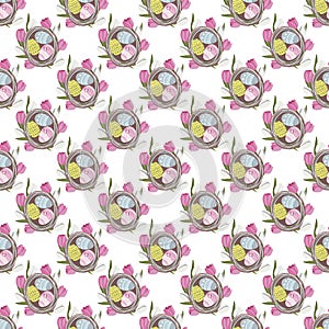 Vector seamless pattern with easter basket with eggs and flowers