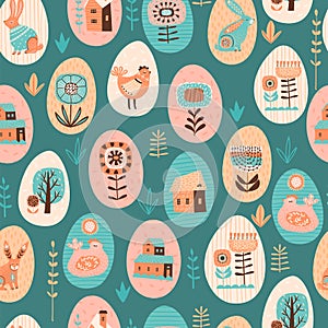 Vector seamless pattern with easter symbols and folk flowers. For Easter and other users.