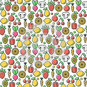 Vector seamless pattern with eco healthy fruits and vegeta