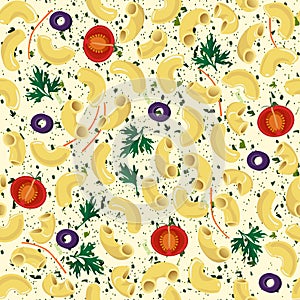 Vector seamless pattern elbow pasta with tomatoes, parsley, olives, carrots. 3d illustration.