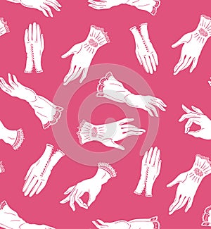 Vector seamless pattern with elegant lace gloves on the pink background.