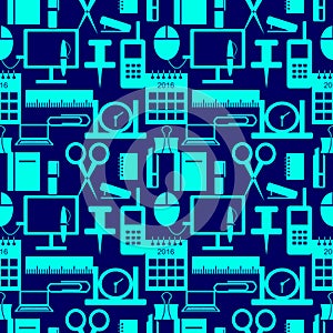 Vector seamless pattern with elements of office supplies in blue
