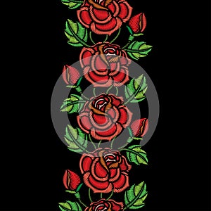 Vector seamless pattern with embroidery red Rose flower, bud and green leaves on the black background. Floral border with roses.