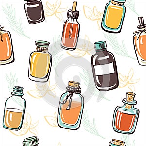 Vector seamless pattern with essential oil bottles