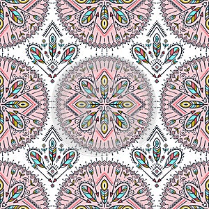 Vector seamless pattern with ethnic arrows, feathers and tribal ornaments. Boho and hippie background. American indian mot