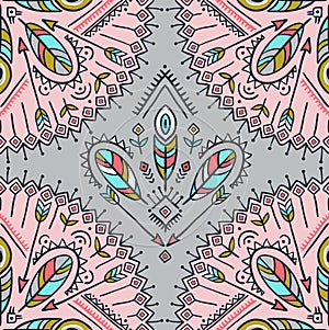 Vector seamless pattern with ethnic arrows, feathers and tribal ornaments.