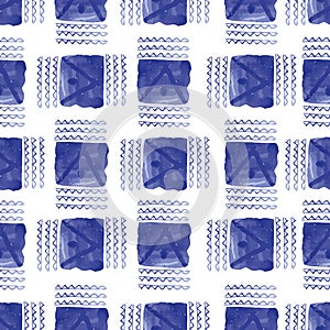 Vector seamless pattern ethnic indigo watercolor with blue square zig zag and white background photo