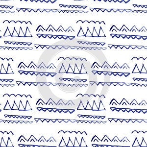 Vector seamless pattern ethnic indigo watercolor with blue trinagles, chevrons and white background. photo