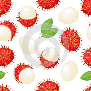 Vector seamless pattern of exotic fruit rambutan on white.