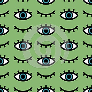 Vector seamless pattern of eyes open and closed on green background