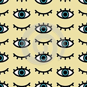 Vector seamless pattern of eyes open and closed on yellow background
