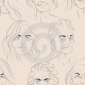 Vector seamless pattern with faces of mature women