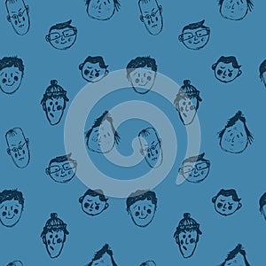 Vector seamless pattern with the faces of men and women, human emotions in sketch style on a blue background