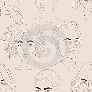 Vector seamless pattern with faces of young black and white mature women