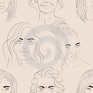 Vector seamless pattern with faces of young black and white mature women