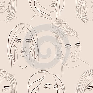 Vector seamless pattern with faces of young black and white women