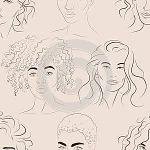 Vector seamless pattern with faces of young black and white women