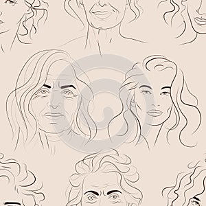 Vector seamless pattern with faces of young and mature women