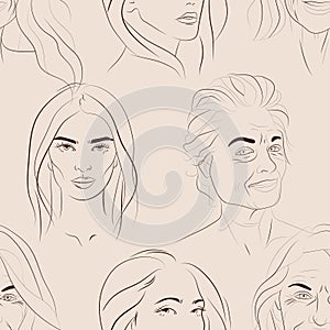 Vector seamless pattern with faces of young and mature women