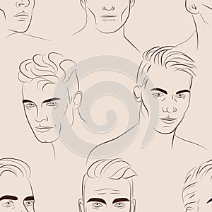 Vector seamless pattern with faces of young men