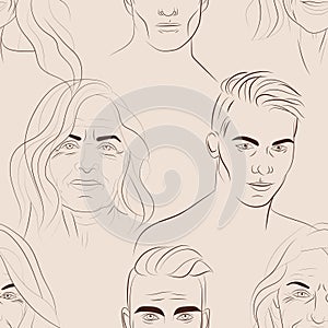 Vector seamless pattern with faces of young men and mature women