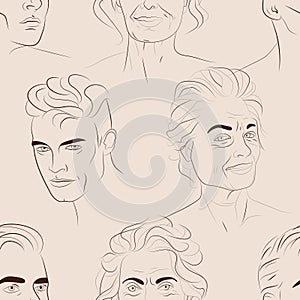 Vector seamless pattern with faces of young men and mature women