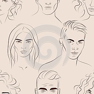 Vector seamless pattern with faces of young men and women