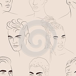 Vector seamless pattern with faces of young white men and young black women