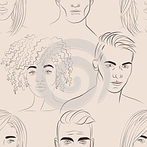 Vector seamless pattern with faces of young white men and young black women