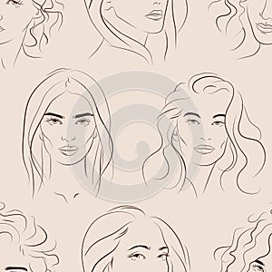 Vector seamless pattern with faces of young women