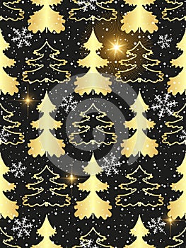 Vector seamless pattern with a fairytale forest with golden fir trees