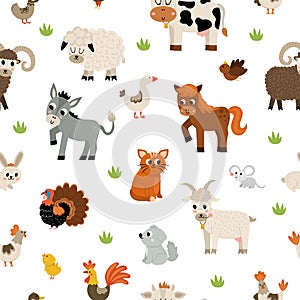 Vector seamless pattern with farm animals and birds. Repeat background with cow, horse, goat, sheep, duck, hen, pig. Rural