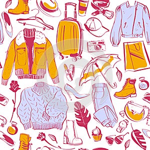 Vector seamless pattern for fashion and autumn & winter shopping theme with women accessory & clothing isolated