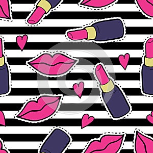 Vector seamless pattern with fashion patch badges with lips, lipsticks, hearts and stripes.