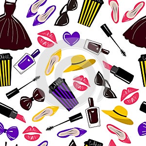 Vector seamless pattern with fashion, stylish accessory,cosmetics and women, girls stuff. Trendy colors