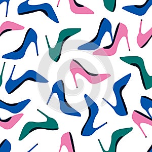 Vector seamless pattern with fashionable shoes. Handdrawn texture design