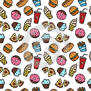 Vector seamless pattern with fastfood objects. Junk food and sweets background in doodle style.
