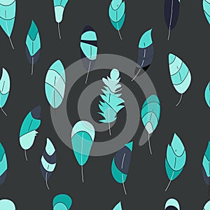 Vector seamless pattern with feathers. Stylish print,texture,background. Soft nature colors. Turquoise hand drawn elements