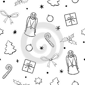 Vector seamless pattern of festive symbols - figures of Christmas trees, singing angels, candy canes, gift boxes