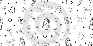 Vector seamless pattern of festive symbols - figures of Christmas trees, singing angels, candy canes, gift boxes