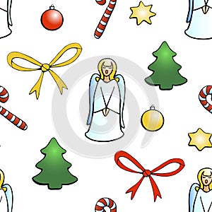 Vector seamless pattern of festive symbols - figures of Christmas trees, singing angels, candy canes, stars