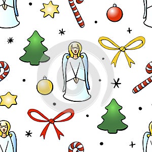 Vector seamless pattern of festive symbols - figures of Christmas trees, singing angels, candy canes, stars, xmas balls