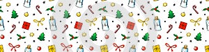 Vector seamless pattern of festive symbols - figures of Christmas trees, singing angels, candy canes, stars, xmas balls