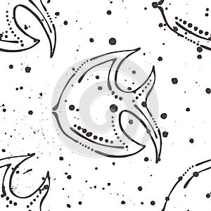 Vector seamless pattern with fish, ink blots and brush strokes. Black and white creative artistic background Yand Drawn Creative