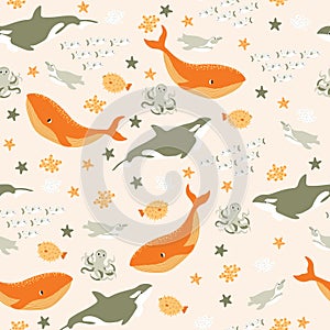 Vector seamless pattern with fish,penguin,whale,killer whale, octopus.Underwater cartoon creatures.Marine background