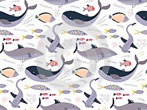 Vector seamless pattern with fish and sea animals - whale, shark
