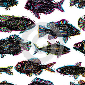 Vector seamless pattern with fishes, different species. Underwater life theme wallpaper, for use in graphic design.