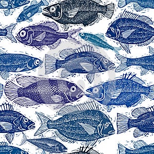 Vector seamless pattern with fishes, different species. Underwater life theme wallpaper, for use in graphic design.